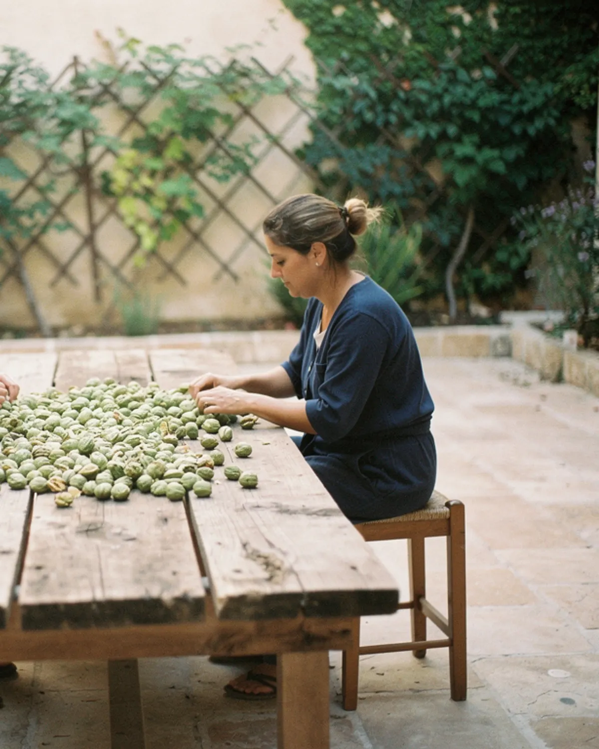Two women seated on low stools sort green-husked walnuts across a wide wooden plank in an orchard courtyard. Late afternoon sunlight rakes across the flagstones.