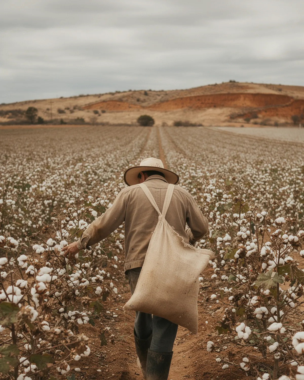 A worker pulls ripe white cotton bolls into a heavy canvas shoulder sack between long furrowed rows. The distant hills show dry ochre grasses.