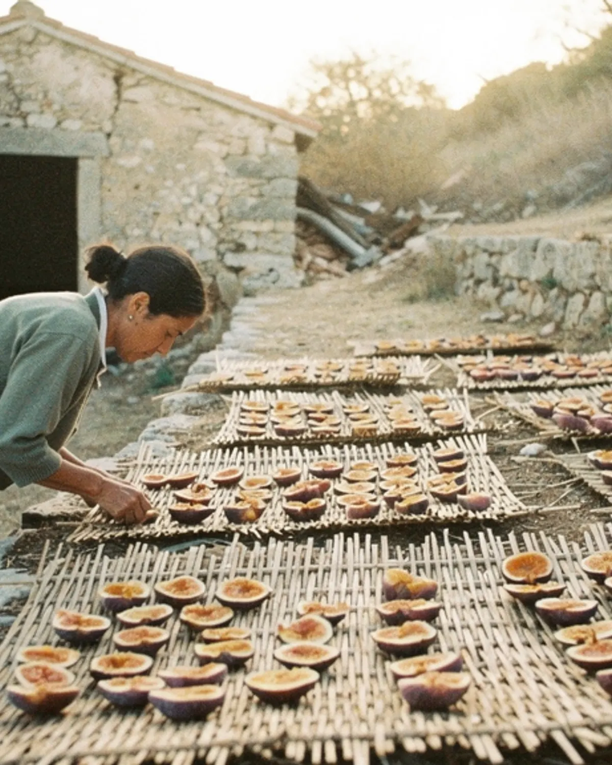 Drying mats made of woven river reeds cover a hillside terrace near an old stone barn. A grower checks the fruit under an open breeze.