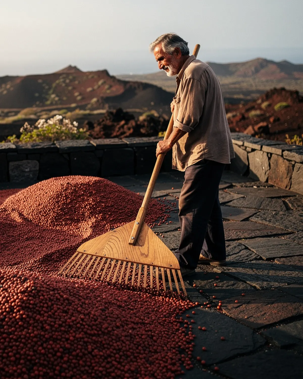 A broad wooden rake turns harvested red lentils across a flat basalt threshing floor. The air is dry and clear over the volcanic plateau.