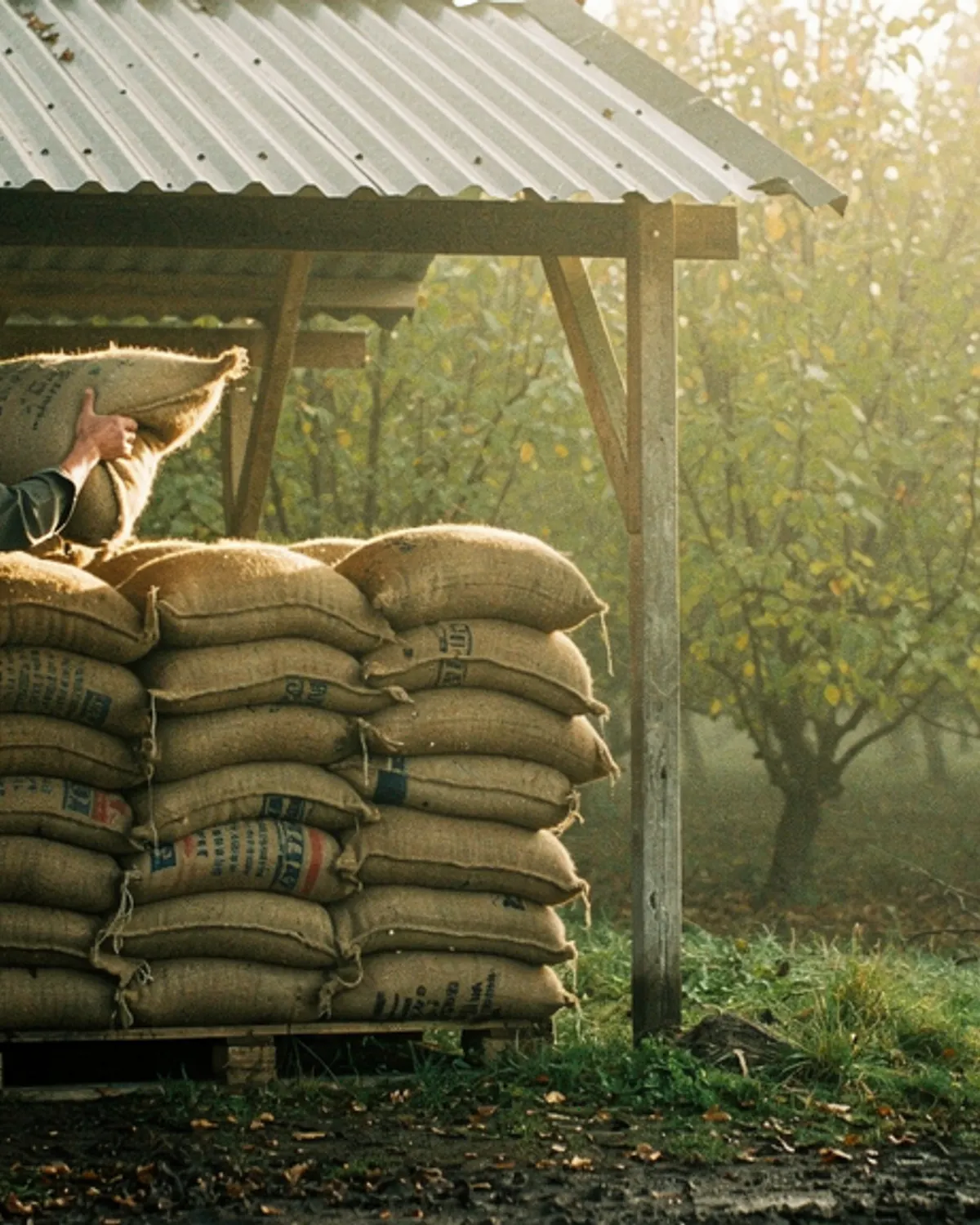 Stout burlap sacks filled with dried hazelnuts rest under an overhanging tin roof. Cool fog drifts between tall alder trees at the orchard perimeter.