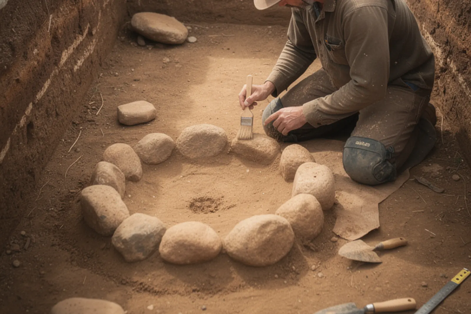 Archaeological trench workers clear packed silt from a prehistoric stone hearth on the Bakla Tepe terrace.
