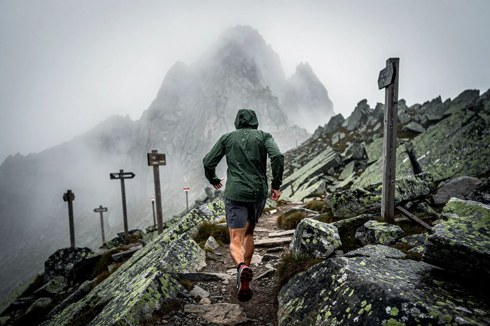 A lone trail runner moves steadily across a wet granite boulder field shrouded in thick mountain cloud.
