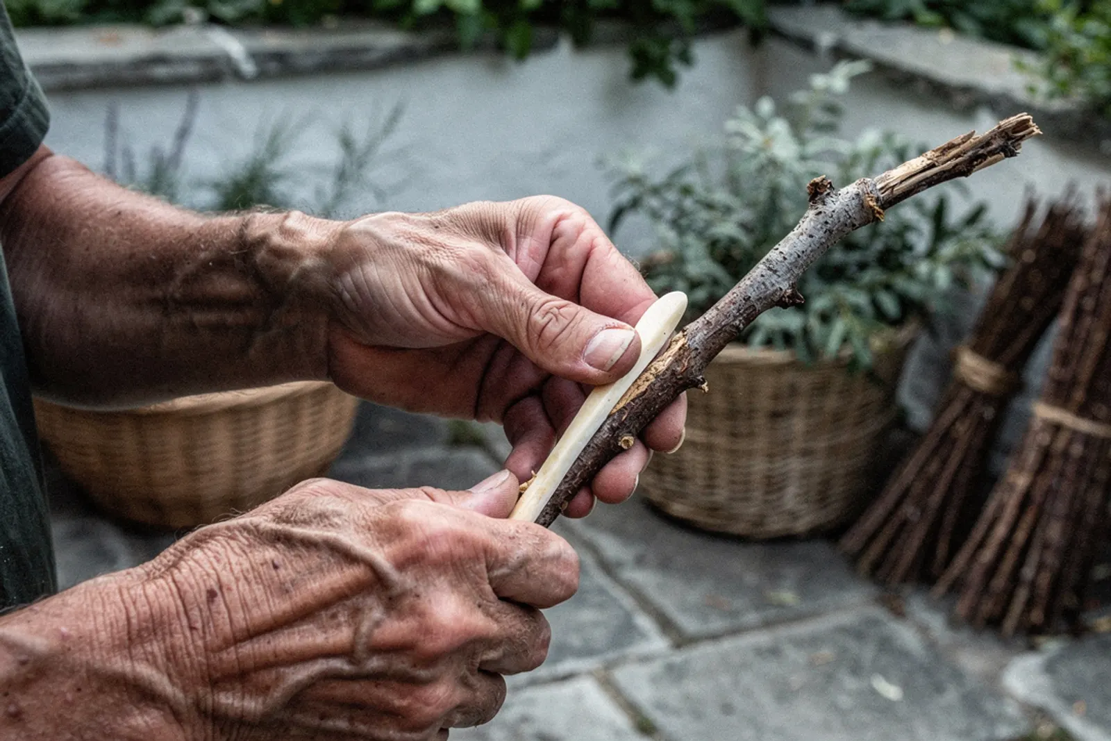 A basket weaver splits seasoned chaste tree branches using a handheld wooden wedge in a stone courtyard.