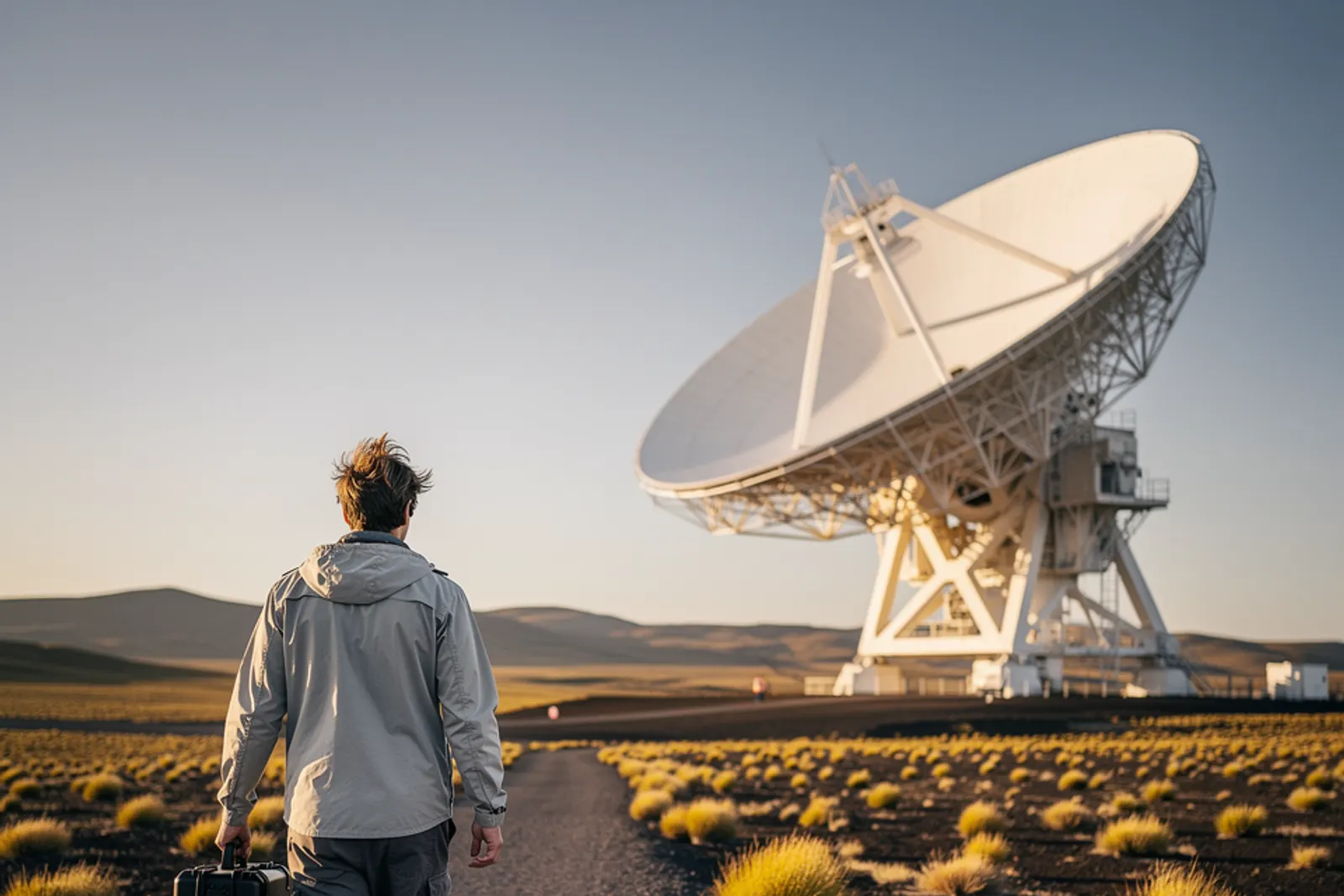 Four parabolic radio dishes stand aligned against the arid plateau landscape south of Mount Erciyes.