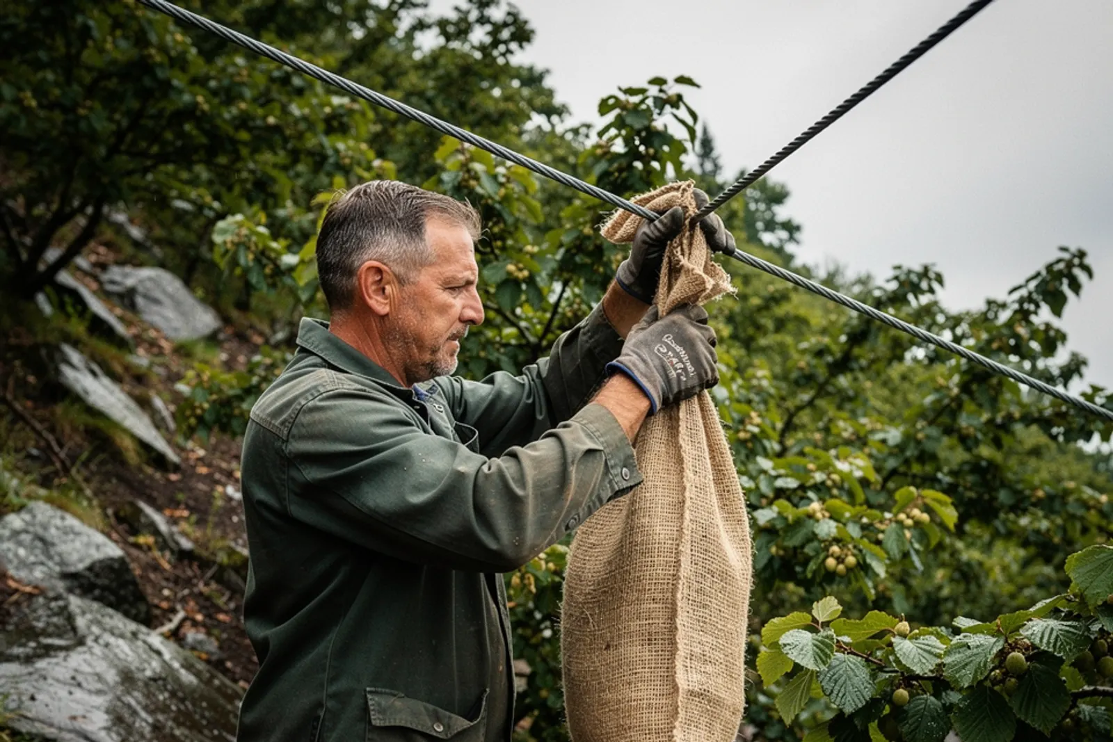 A farmer secures a heavy burlap sack to a steel wire cable running down a steep hillside hazelnut orchard.